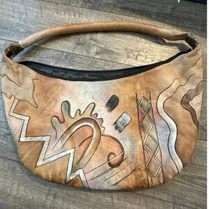Allan Edwards Brown Abstract Painted Leather Purse Shoulder Bag